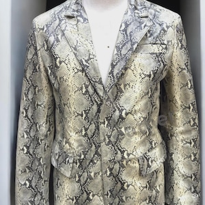 Może przedstawiać: Marynarka wężowa w odcieniach szarości i beżu. Kurtka posiada klapy z wycięciami, dwie przednie kieszenie i zapięcie na dwa guziki. Marynarka jest prezentowana na manekinie.