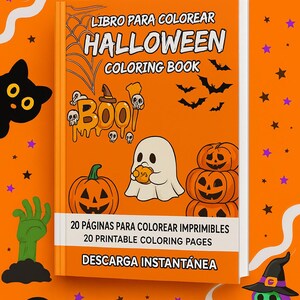 May include: An orange Halloween coloring book with the title "Halloween Coloring Book" and the word "Boo" in a spooky font. The cover features pumpkins, ghosts, bats, and skulls. The background is orange with stars and other Halloween-themed illustrations.