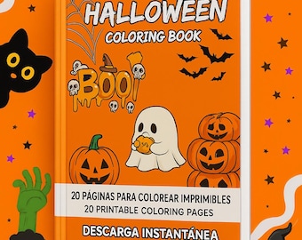 May include: An orange Halloween coloring book with the title "Halloween Coloring Book" and the word "Boo" in a spooky font. The cover features pumpkins, ghosts, bats, and skulls. The background is orange with stars and other Halloween-themed illustrations.