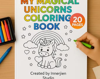 Puede incluir: Un libro para colorear blanco titulado "MY MAGICAL UNICORNS COLORING BOOK" con una ilustración de unicornio y un arcoíris. El libro tiene 20 páginas. Se ven lápices de colores y un rotulador azul. Una mano sostiene un rotulador verde.