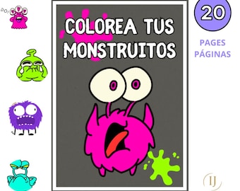 May include: A children's coloring book cover with the text "COLOREA TUS MONSTRUITOS" in white, featuring a cartoon monster with large eyes and a pink body. The book has 20 pages and includes several other monster illustrations.