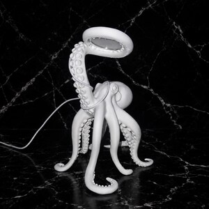 Può includere: Una lampada a forma di polpo in bianco opaco caratterizzata da un corpo centrale con molteplici tentacoli estesi verso l'esterno. Un tentacolo è sollevato verso l'alto e sostiene un corpo illuminante circolare. Un sottile cavo bianco è visibile.