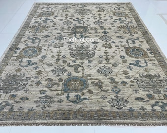 Hand-Knotted Beige Oushak Rug 8x10: Vintage Turkish Area Rug
