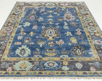 Handgeknoopt blauw oushak-tapijt 8 x 10 | Vintage Turks wollen tapijt