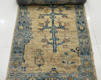 Turkish Oushak Runner Rug – Handmade Wool Hallway Rug – Neutral Vintage Baho Rug – 2.5x10 8x10 9x12 Rug for Living Room Bedroom Decor
