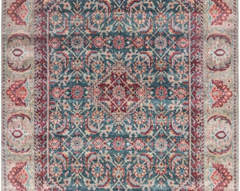 Blauw Oushak-wollen vloerkleed | Handgeknoopt vintage Turks vloerkleed
