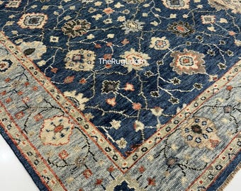 Blauw Oushak-vloerkleed | Handgemaakt wollen Turks vloerkleed 8 x 10 9 x 12 | Tapijt grote woonkamer | Oosters tapijt in vintagestijl | Blauw wollen vloerkleed