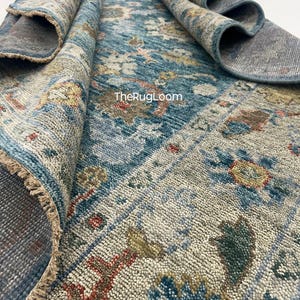 Hand-Knotted Wool Oushak Rug: Blue Turkish Vintage Area Rug Bedroom 6x9 8x10 9x12 - Large Living Room Rug Decor