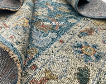 Hand-Knotted Wool Oushak Rug: Blue Turkish Vintage Area Rug Bedroom 6x9 8x10 9x12 - Large Living Room Rug or Bedroom