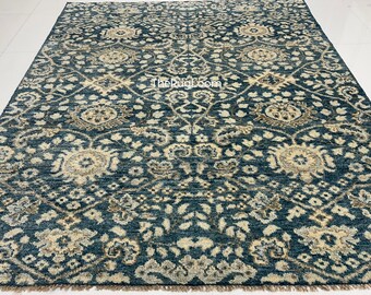 Tappeto Oushak in lana annodato a mano / Tappeto tribale turco blu