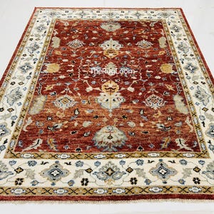 Hand-Knotted Oushak Wool Rug 8x10: Persian Style Orange, Blue, Cream