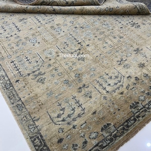 Floral Oushak Wool Rug 8x10 : Beige Bohemian Turkish Area Rug Living Room Decor, Bhadohi Made in India