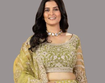 Haldi Special Lemon Yellow Net wedding gift ideas Lehenga Choli | Sequin Embroidered Indian Wedding Outfit | Festive Wear for Women