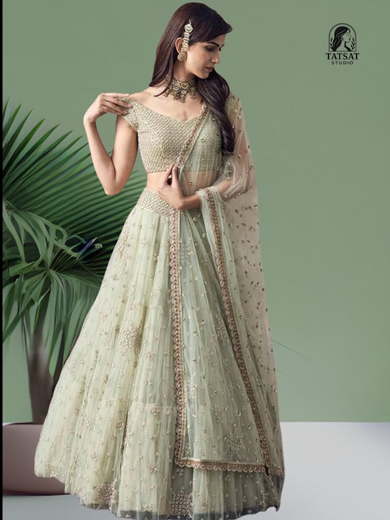 Pista Green Net Lehenga Choli Heavy Embroidered Bridal Outfit Indian Wedding Dress Women Pista Green Net Lehenga Choli Heavy Embroidered Bridal Outfit Indian Wedding Dress Women