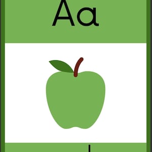 May include: A flashcard featuring the uppercase and lowercase letter "Aa" in black, above a green apple illustration. The word "apple" is written in black at the bottom, all on a white background with green borders.