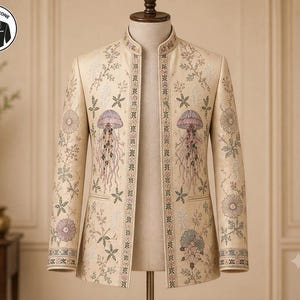 Pode incluir: Um blazer bege com gola mandarim, apresentando um bordado intrincado de águas-vivas e padrões florais em tons de rosa, verde e azul. O casaco tem um corte estruturado, mangas compridas e abertura frontal, exibido num manequim.
