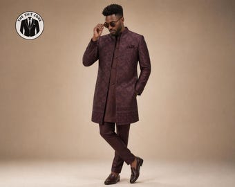 Traje Achkan Indo-Occidental para Hombre en Color Marrón Moca – Abrigo Largo con Lentejuelas y Kurta, Churidar