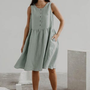 Sleeveless Sage Gray Linen Dress – Lightweight Summer Midi, Hazel Collection