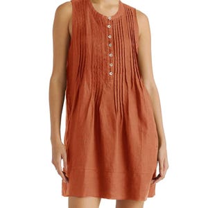 Women&#39;s Cotton Linen Crew Neck Sleeveless Swing Dress Casual Front Button Dresses with Pockets