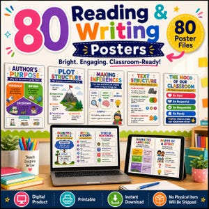 Könnte beinhalten: Eine digitale Sammlung von 80 pädagogischen Lese- und Schreibpostern mit farbenfrohen Grafiken und Texten. Das Set enthält verschiedene klassenzimmerfertige Diagramme zu Themen wie Autorenabsicht, Handlungsstruktur und bildhafte Sprache.