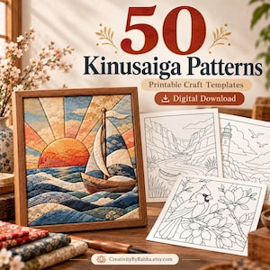May include: A collection of 50 Kinusaiga patterns featuring printable craft templates and a digital download. The display includes a framed fabric art piece of a sailboat at sunset and several black and white line art illustrations.