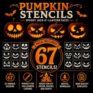 67 Halloween-pumpaschabloner A4 PNG-mallar Digital nedladdning