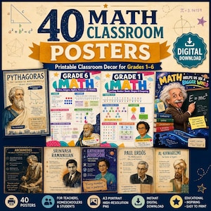 Peut inclure: Une collection de 40 affiches éducatives de mathématiques pour la classe présentant des portraits de mathématiciens comme Pythagore, Albert Einstein et Katherine Johnson, ainsi que des tableaux de programmes, des formules et des citations.