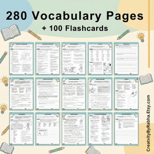 May include: An image showcasing vocabulary pages and flashcards. The text reads "280 Vocabulary Pages + 100 Flashcards." The image displays 15 pages with text and illustrations. Pencils, books, and lightbulb illustrations are in the background.