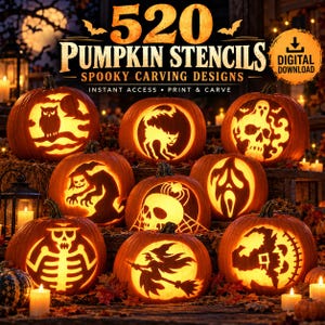 May include: A collection of nine carved pumpkins featuring various Halloween designs including an owl, a cat, a skull, a witch, and a skeleton. The text reads 520 PUMPKIN STENCILS SPOOKY CARVING DESIGNS INSTANT ACCESS PRINT & CARVE.