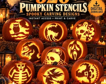 Puede incluir: Una colección de nueve calabazas talladas con varios diseños de Halloween que incluyen un búho, un gato, una calavera, una bruja y un esqueleto. El texto dice 520 PUMPKIN STENCILS SPOOKY CARVING DESIGNS INSTANT ACCESS PRINT & CARVE.