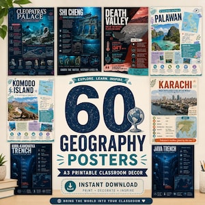 May include: A collection of 60 geography posters featuring educational infographics about locations like Cleopatra's Palace, Shi Cheng, Death Valley, Palawan, Komodo Island, Karachi, the Kuril-Kamchatka Trench, and the Java Trench with text and maps.