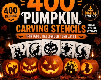 Pacchetto di 400 stencil per intagliare zucche / Modelli di Halloween stampabili / Disegni spettrali per zucche intagliate / Download digitale PNG e PDF