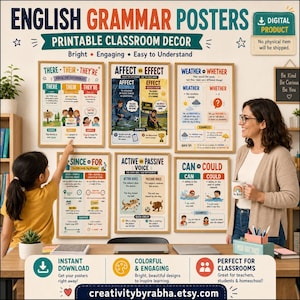 May include: A set of six educational English grammar posters featuring colourful illustrations and text explaining concepts like There/Their/They're, Affect/Effect, Weather/Whether, Since/For, Active/Passive Voice, and Can/Could for classroom wall display.