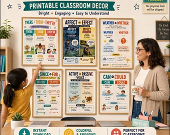 Pacchetto di 50 poster di grammatica inglese, decorazioni stampabili per la classe di inglese come seconda lingua, parole che creano confusione e regole linguistiche, download digitale in formato A3.