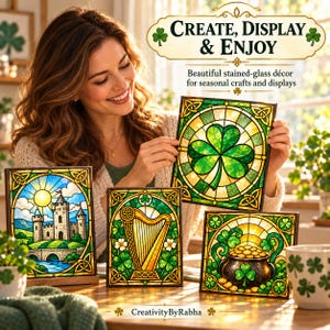May include: Four rectangular stained-glass panels featuring Irish-themed designs including a shamrock, a stone castle, a golden harp, and a pot of gold. The panels are framed in dark wood and display vibrant green, yellow, and blue glass segments.