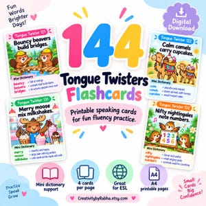 Op de afbeelding: Een set van 144 tongbreker-flashcards met kleurrijke illustraties van bevers, kamelen, een eland en nachtegalen. Elke kaart bevat een tongbreker-zin en een mini-woordenboek. Tekst bevat: 144 Tongue Twisters Flashcards.