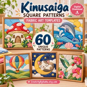 Puede incluir: Una colección digital de 60 plantillas de arte en tela Kinusaiga cuadradas con diseños coloridos que incluyen una casa de hongos, un delfín, un globo aerostático, un gato en la luna y un colibrí con flores, todo en marcos de madera.