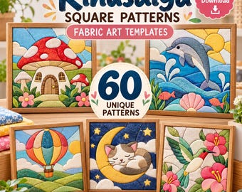 Pacchetto di 60 modelli quadrati Kinusaiga in formato PNG / Modelli per arte su tessuto / Modelli per lavori creativi su pannelli di gommapiuma / Disegni patchwork senza cuciture / Download digitale