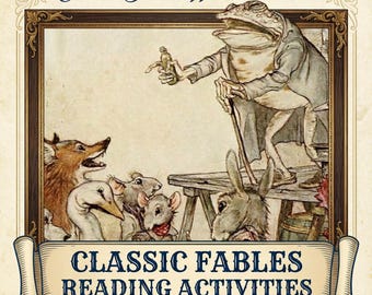 May include: An illustrated cover for "Classic Tales Worksheets 30" featuring a frog in a coat holding a bottle, surrounded by animals. The banner at the bottom reads "Classic Fables Reading Activities."