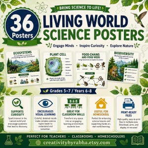 Puede incluir: Un conjunto de 36 pósteres científicos Living World con diagramas educativos sobre ecosistemas, células vegetales, cadenas alimentarias y biodiversidad, que incluyen texto, ilustraciones e iconos para el aprendizaje en clase o en casa.