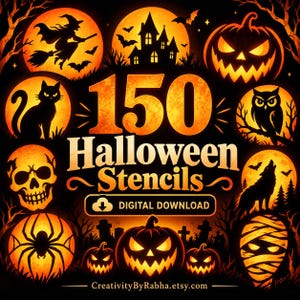 Peut inclure: Un graphique à télécharger numériquement avec le texte 150 Halloween Stencils et CreativityByRabha.etsy.com. Le design présente des motifs circulaires orange avec des silhouettes noires de sorcière, maison hantée, citrouilles, chat, hibou, crâne, araignée, loup et momie.