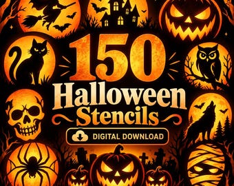 150 utskrivbara Halloween-schabloner | Pumpaskärningsmallar | Läskiga Jack O'Lantern-mönster | Halloweenpyssel | Digital nedladdning