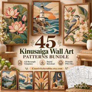 May include: A collection of 45 Kinusaiga wall art patterns featuring fabric-textured designs of lotus flowers, a lighthouse, a bird, mountains, sailboats, and a cat. The bundle includes A3 rectangle templates, digital downloads, and printable PNG files.