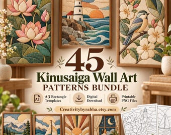 May include: A collection of 45 Kinusaiga wall art patterns featuring fabric-textured designs of lotus flowers, a lighthouse, a bird, mountains, sailboats, and a cat. The bundle includes A3 rectangle templates, digital downloads, and printable PNG files.