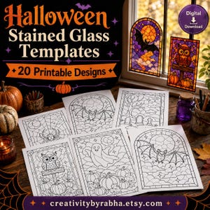 Op de afbeelding: Een verzameling Halloween glas-in-lood sjablonen met 20 printbare ontwerpen. De zwart-witte lijntekeningen tonen diverse griezelige motieven zoals vleermuizen, uilen, geesten, spinnen en grafstenen, allemaal gevat in geometrische patronen.