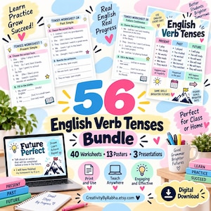 Può includere: Un pacchetto di 56 tempi verbali inglesi che include 40 schede didattiche, 13 poster e 3 presentazioni. Il set contiene materiali educativi con testi come English Verb Tenses, Future Perfect e Tenses Worksheet 24 Past Simple, mostrati con grafiche colorate, icone e frasi motivazionali su sfondo bianco.