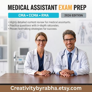 Può includere: Immagine di una guida per la preparazione all'esame di assistente medico. La copertina presenta il testo "MEDICAL ASSISTANT EXAM PREP" e "2026 EDITION". Due professionisti medici sorridenti in camice bianco sono seduti a un tavolo. La guida include revisione dei contenuti, domande pratiche e strategie.
