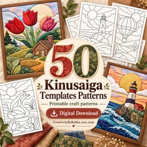 Peut inclure: Un ensemble de 50 modèles Kinusaiga avec des motifs artisanaux en téléchargement numérique. Le lot comprend des tableaux en tissu représentant des tulipes et un phare, ainsi que des modèles au trait noir et blanc de phare, montgolfière et cygnes.