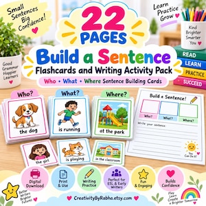 May include: A 22-page Build a Sentence flashcards and writing activity pack featuring colourful cards with Who, What, and Where categories. The set includes illustrations of a dog, a girl, a running child, a cat, a park, and a classroom.