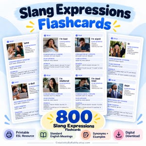 Op de afbeelding: Een set van 800 flashcards met slang-uitdrukkingen, voorzien van definities, synoniemen en voorbeelden voor termen zoals lame, I'm beat, I'm wiped, lit, a dud, I'm shattered, I'm dead tired en dope, als printbare digitale bron.